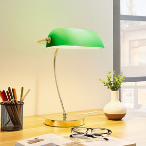 Lindby Mosazná stolní lampa Selea, stínidlo zelené sklo
